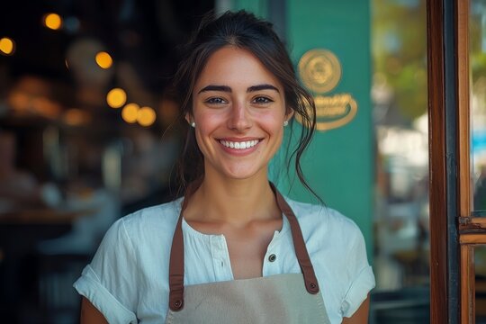 A smiling young woman wearing an apron stands in front of a cafe, radiating warmth and friendliness in a cozy atmosphere