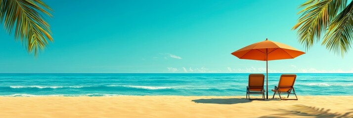 A serene beach scene featuring two lounge chairs under an orange umbrella, surrounded by palm trees and a calm ocean under a bright blue sky
