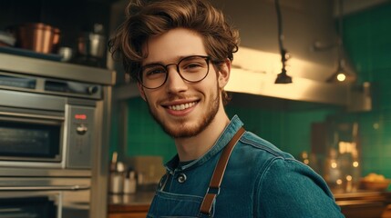 A young chef stands confidently in a contemporary kitchen, showcasing his passion for cooking with a warm smile. The bright environment highlights his enthusiasm and style