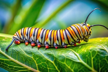 Colorful queen butterfly caterpillar resting on a green leaf in a natural garden setting outdoors