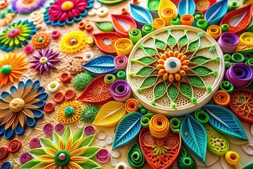 Colorful Quilled Paper Art Display Featuring Intricate Designs and Patterns on a Light Background