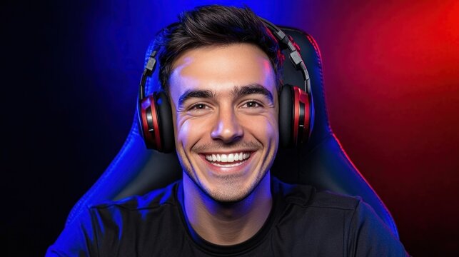 A cheerful young man wearing headphones beams in a gaming chair, surrounded by vibrant blue and red lighting, immersed in an online gaming environment