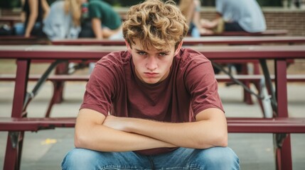 A teenage boy sits quietly on a picnic bench, arms crossed, with a thoughtful expression, while other students chat and socialize in the background at school