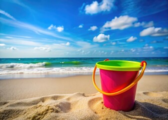 Colorful sand pail bucket on a sandy beach ready for fun summer activities and creative playtime