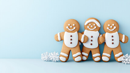 Fototapeta premium Festive gingerbread men, pastel blue background, 3D illustration.