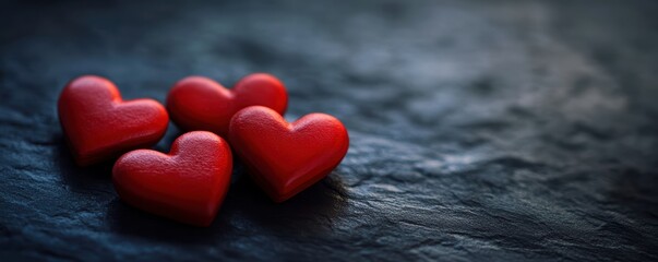 Obraz premium Four red hearts on a dark surface, symbolizing love and affection.