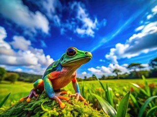 Colorful small creature standing in a vibrant green landscape with a bright blue sky backdrop