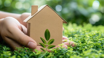 A person gently cradles a small cardboard model of a house, planted amidst lush greenery, highlighting the themes of sustainability and eco-friendly practices in nature
