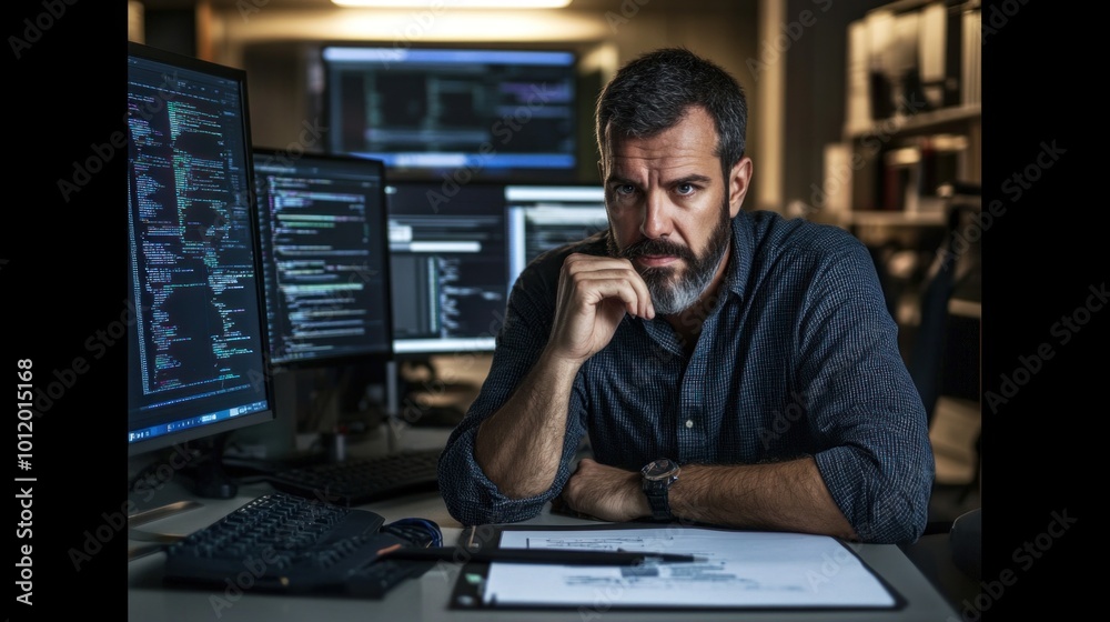 Poster a man with a beard sits thoughtfully at a desk, focused on multiple computer screens filled with cod