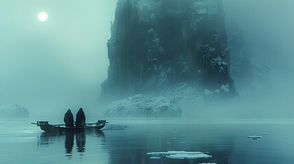 Two Figures In A Boat On A Misty Lake With A Mountain In The Background