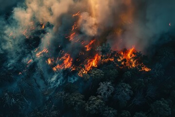 Obraz premium A fire is burning in the woods, with smoke and flames visible in the sky, generative ai image