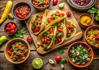 Colorful spread of tacos, salsa, and toppings on a rustic wooden table for Taco Tuesday celebration