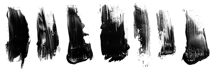 Four black paint strokes with different textures, isolated on a transparent background. Abstract elements are perfect for use in creative projects, graphic design, and illustrations.