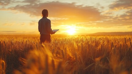 Fototapeta premium A man stands in a field of wheat at sunset, holding a tablet. The sun is setting behind him, and the sky is a beautiful orange and pink.