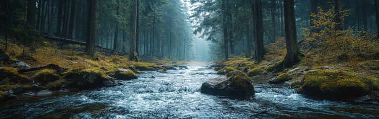 Scenic River Flowing Through Lush Forest, Highlighting Natural Beauty and Outdoor Serenity
