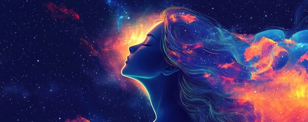 Illustration of a woman with cosmic elements, vivid colors in a dreamlike atmosphere.