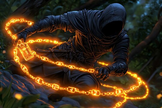 A thief in a mystical world stealing glowing digital keys, symbolizing the fantastical interpretation of data theft in a fantasy realm
