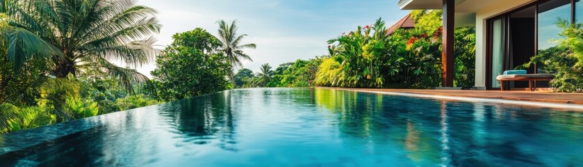 Obraz premium Luxurious infinity pool surrounded by tropical greenery and serene landscape.