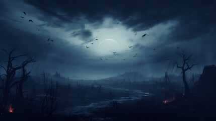 Eerie foggy forest at night  a haunting landscape with dead trees under moonlight and dark skies