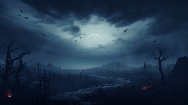 Eerie foggy forest at night a haunting landscape with dead trees under moonlight and dark skies - Powered by Adobe