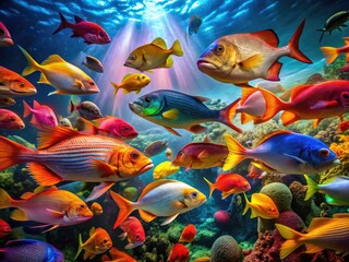 Naklejka premium Colorful swimming fish in a vibrant underwater scene showcasing marine life and natural beauty