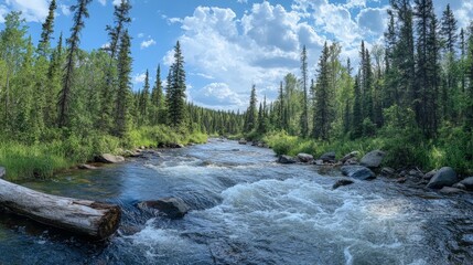 Obraz premium Scenic River Flowing Through a Forest with Beautiful Natural Surroundings