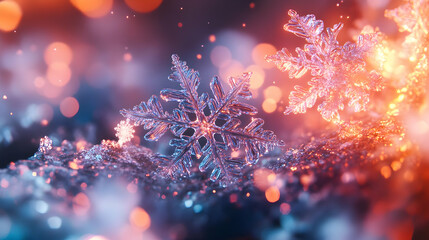 Fototapeta premium Crystal Snowflake Macro Photography with Bokeh Lights