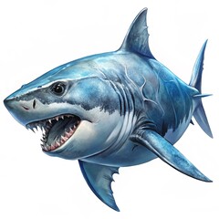 great white shark - Carcharodon carcharias - full view while swimming, face, and teeth visible isolated on white background all fins and gills showing