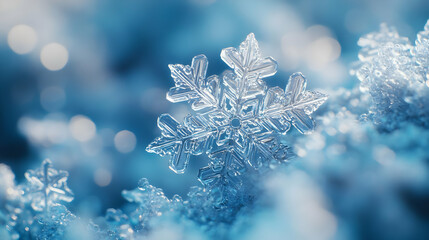 Close-up of a Single Snowflake on a Blue Background - Photo