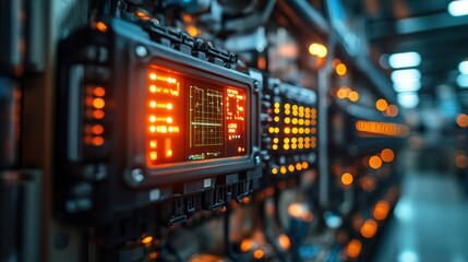 Close-up of a control panel with a digital display showing a graph. The panel is in a factory setting and is illuminated by warm, industrial lighting.