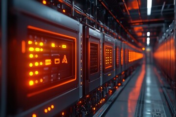 Fototapeta premium Rows of glowing server racks in a futuristic data center.