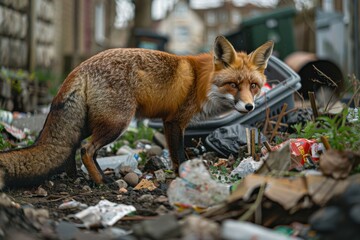 Fototapeta premium Foxes scatter trash near English homes, creating chaos in quiet streets.