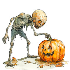 Zombie and pumpkin on a transparent background. Halloween illustration with a skeleton zombie and Jack-o'-lantern. Ideal for spooky designs, decorations, and Halloween-themed art projects.