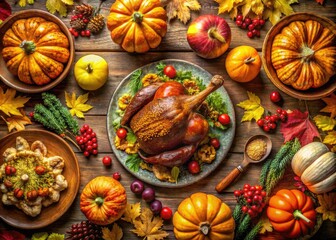 Fototapeta premium Colorful Thanksgiving Day Clip Art Featuring Turkeys, Pumpkins, Leaves, and Festive Decorations