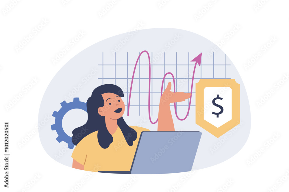 Poster business and finance concept in modern flat design for web. businesswoman analyzing balance graph wi