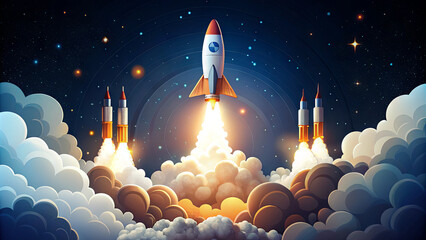 The rocket ascends powerfully into the night sky, surrounded by vibrant clouds, as fiery trails illuminate the scene, representing the thrill of space exploration