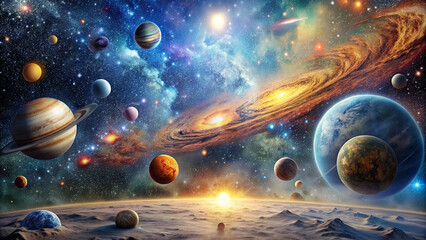 This artwork depicts a breathtaking cosmic scene with colorful planets, swirling galaxies, and a glowing sunrise on a distant world, showcasing the beauty of the universe