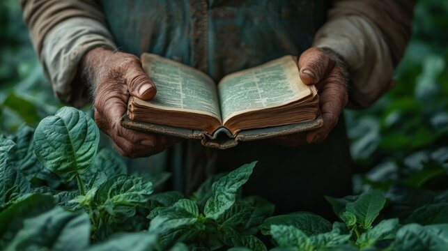 A close-up of a farmer's hands holding an old book in a garden. - Powered by Adobe