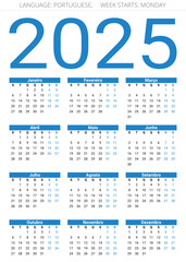 PORTUGUESE calendar for 2025 year. Printable vector illustration for Portugal