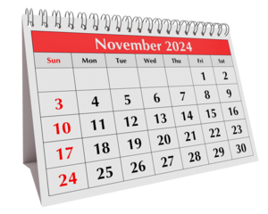 November 2024 calendar. Page of the annual business desk month calendar isolated on transparent png