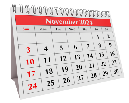 November 2024 calendar. Page of the annual business desk month calendar isolated on transparent png - Powered by Adobe