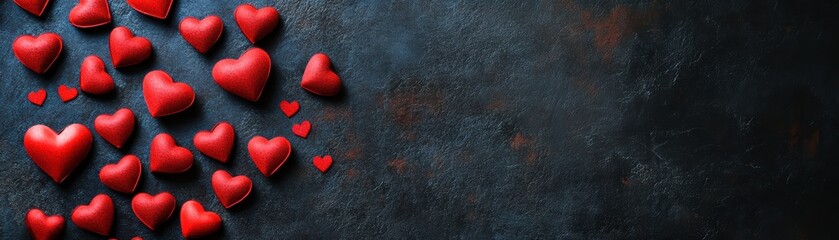 Fototapeta premium Red hearts scattered on a dark textured background, symbolizing love and affection.