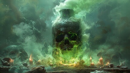 Mystical Skull in a Bottle with Green Smoke and Candles