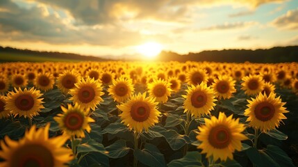 Fototapeta premium A field of sunflowers with the sun setting behind them.
