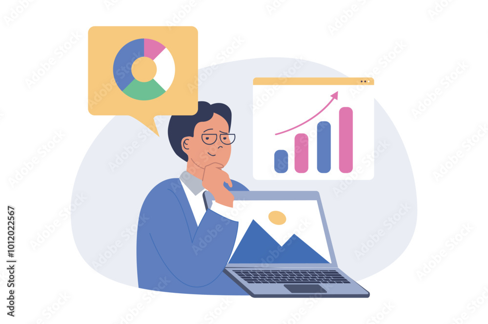 Poster business concept in modern flat design for web. businessman analyzing financial report and calculati