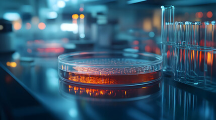 Laboratory Petri Dish with Orange Liquid - Realistic 3D Illustration