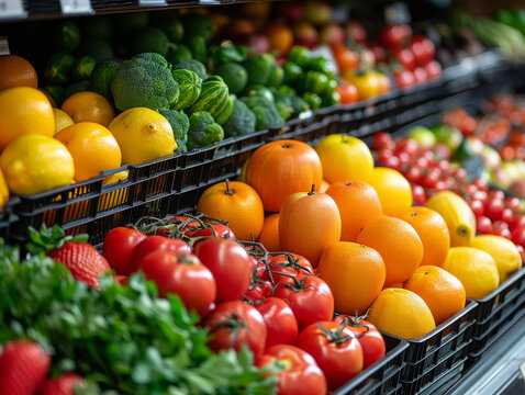 Vibrant display of fresh fruits and vegetables in a market, showcasing a variety of colors and textures.