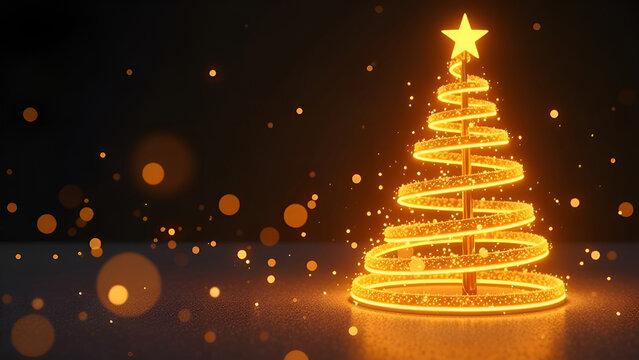 Abstract yellow Christmas tree in neon glowing tubes with shimmering particles on holiday background with bokeh, 2/3 free space for advertising. - Powered by Adobe