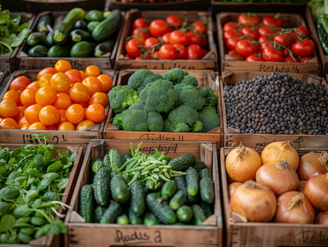 A vibrant display of fresh vegetables and fruits including broccoli, cucumbers, and oranges at a market.