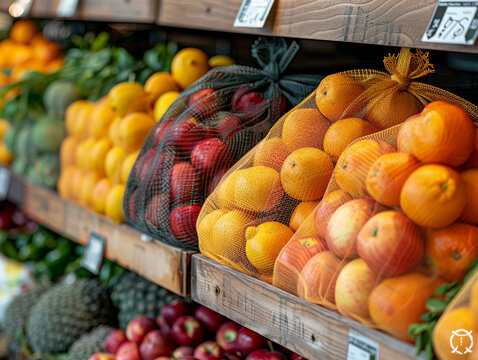 Colorful assortment of fruits in mesh bags for sale at a market, showcasing vibrant oranges, apples, and more.